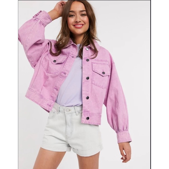 ✨SALE✨ ASOS Petite Oversized Pink Acid Washed Jacket - Picture 1 of 9